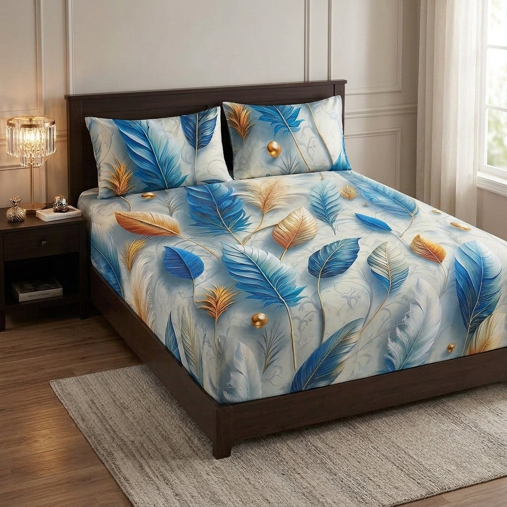 9D floral print micro cotton bedsheet set Design 34 with 2 pillow covers