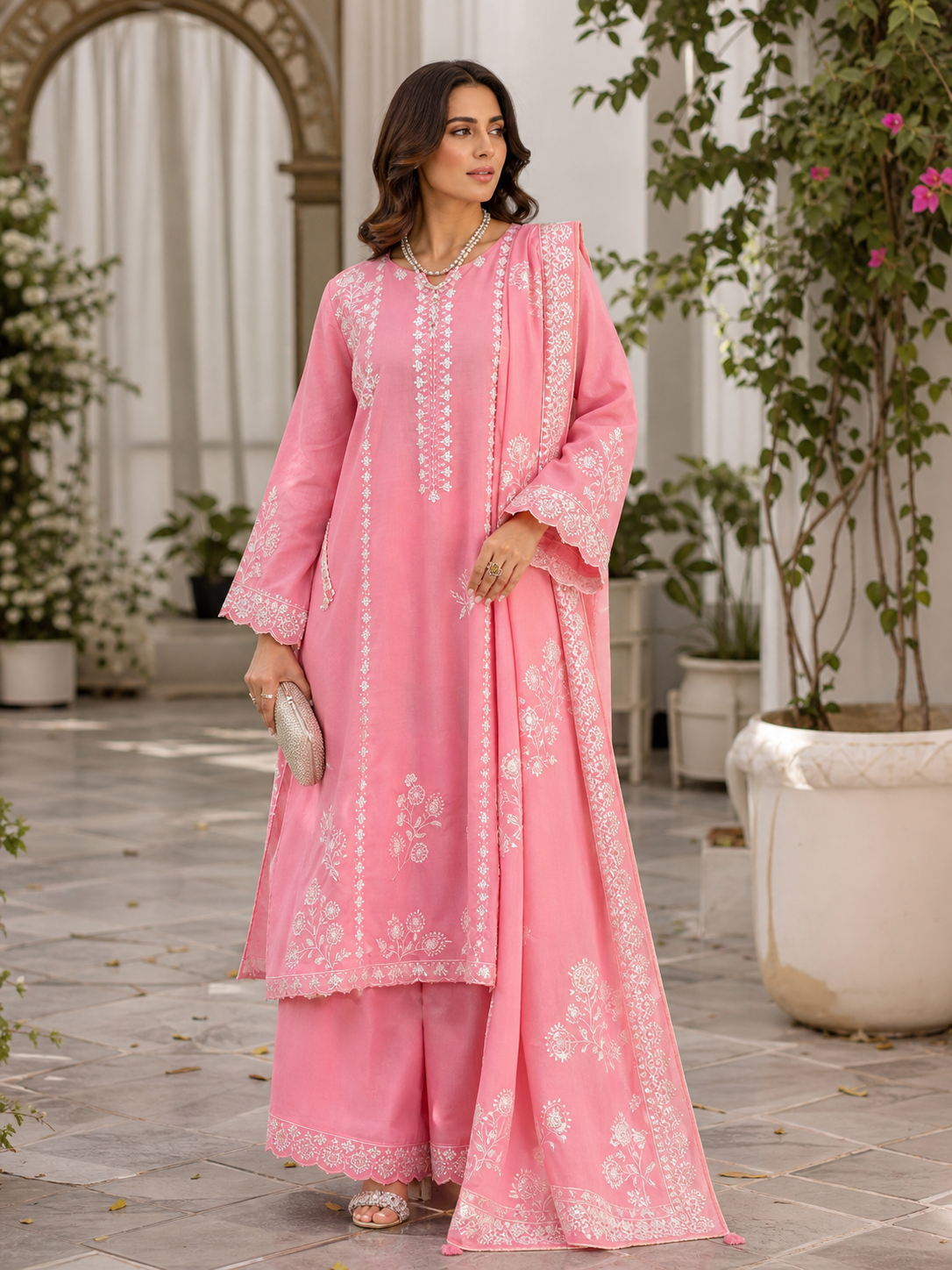 Dhanak embroidered 3-piece unstitched suit Design 15 worn by model