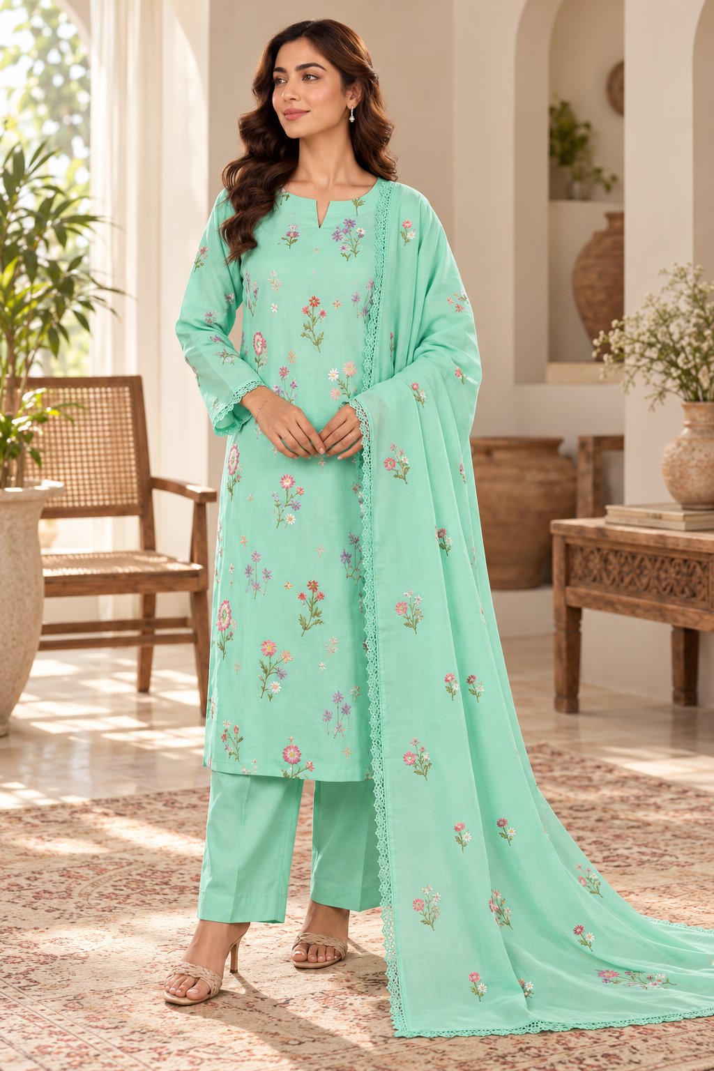 Sea green embroidered Dhanak suit model