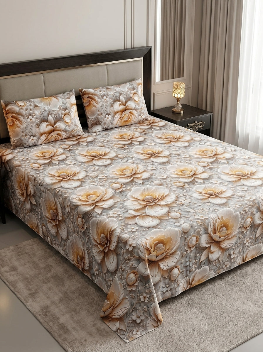 9D floral print micro cotton bedsheet set Design 01 with 2 pillow covers