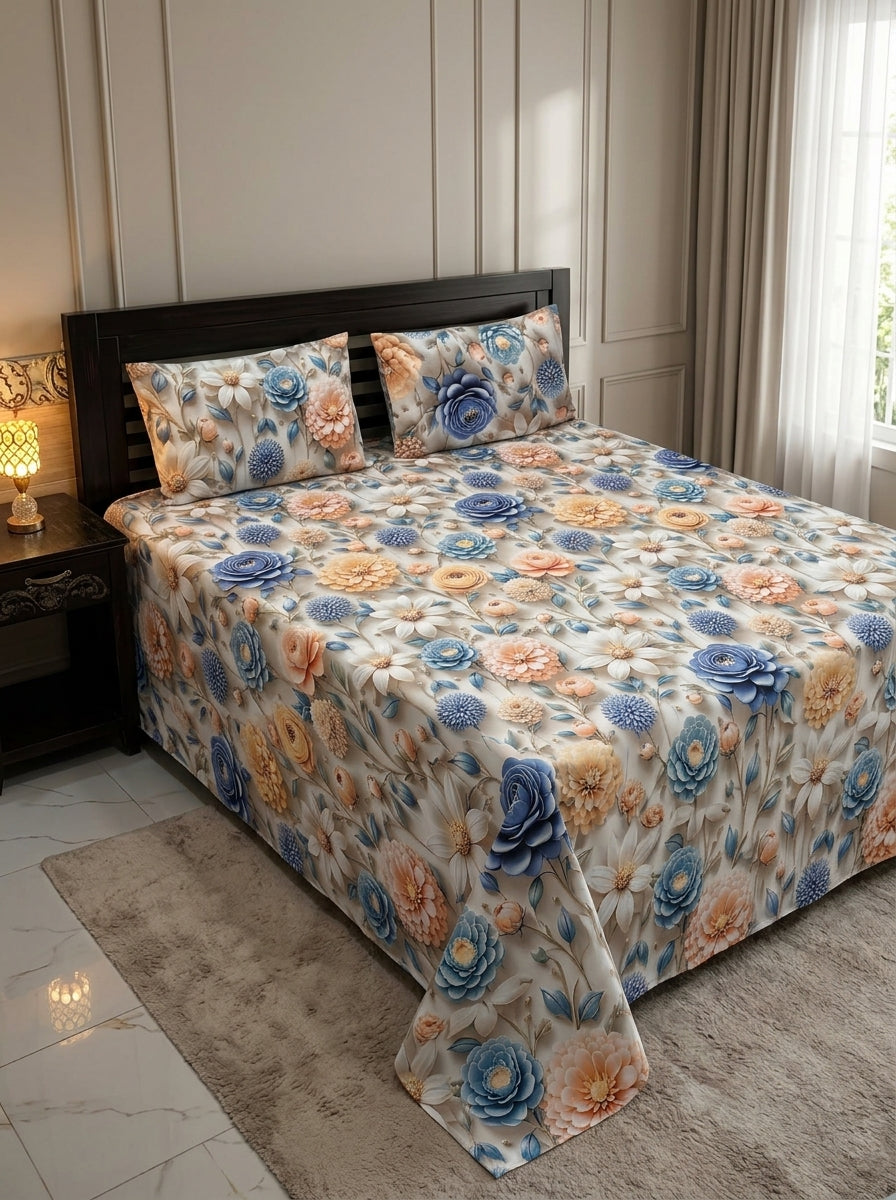 9D floral print micro cotton bedsheet set Design 04 with 2 pillow covers