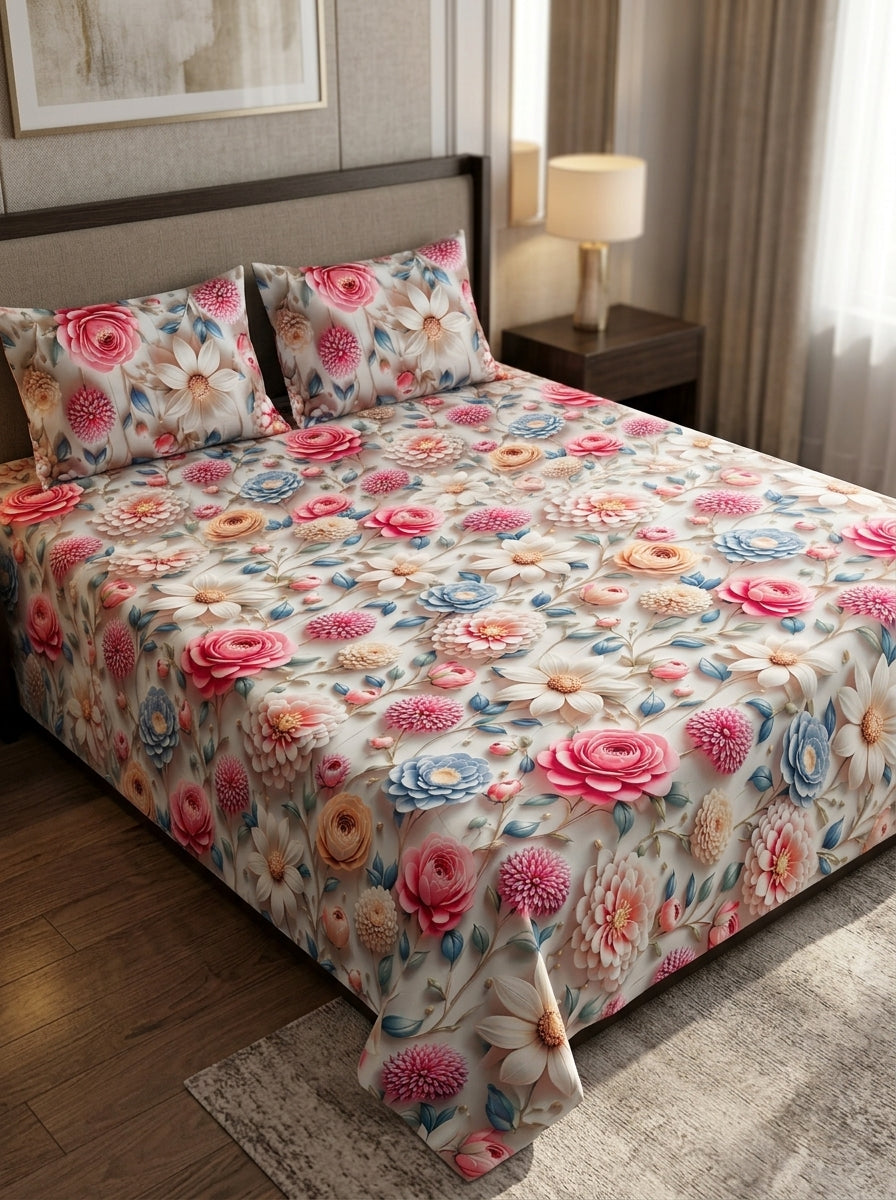 9D floral print micro cotton bedsheet set Design 07 with 2 pillow covers
