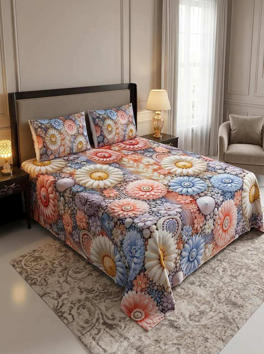 9D floral print micro cotton bedsheet set Design 10 with 2 pillow covers