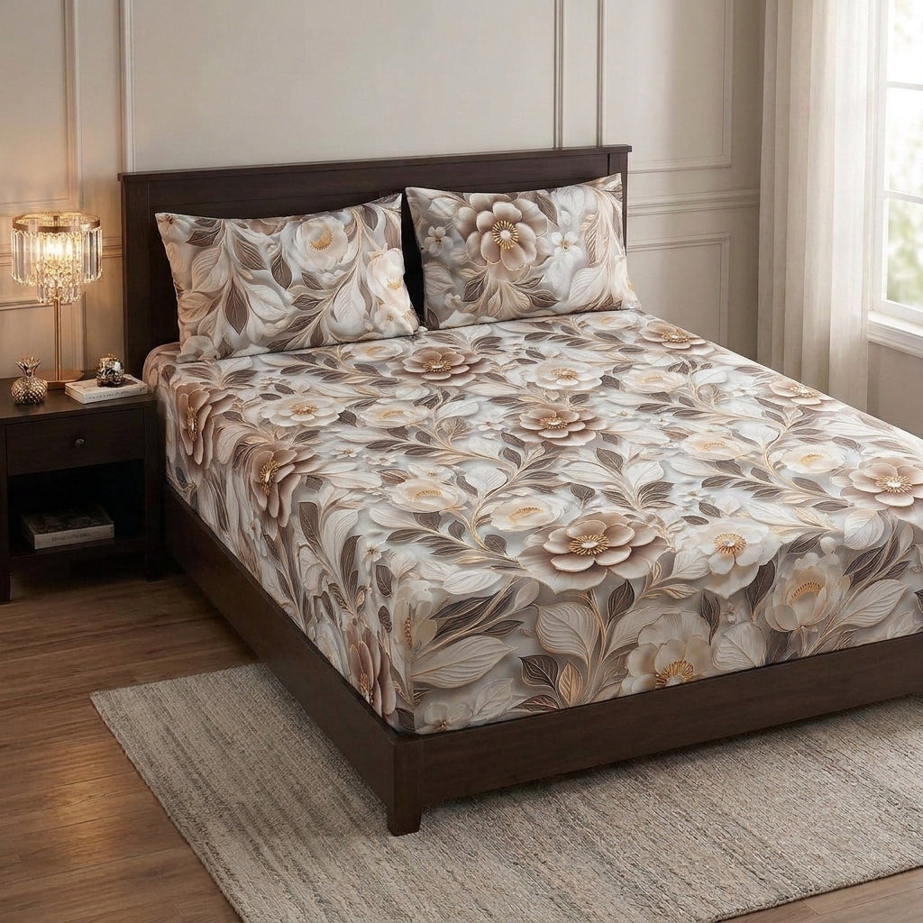 9D floral print micro cotton bedsheet set Design 32 with 2 pillow covers