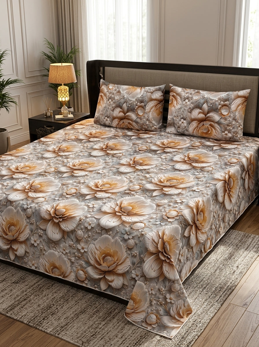 9D floral print micro cotton bedsheet set Design 22 with 2 pillow covers