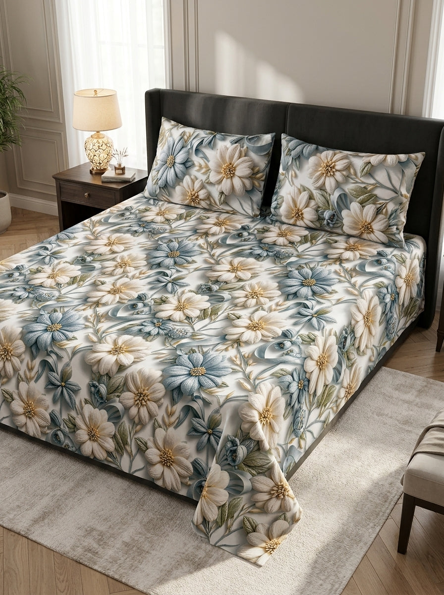 9D floral print micro cotton bedsheet set Design 27 with 2 pillow covers