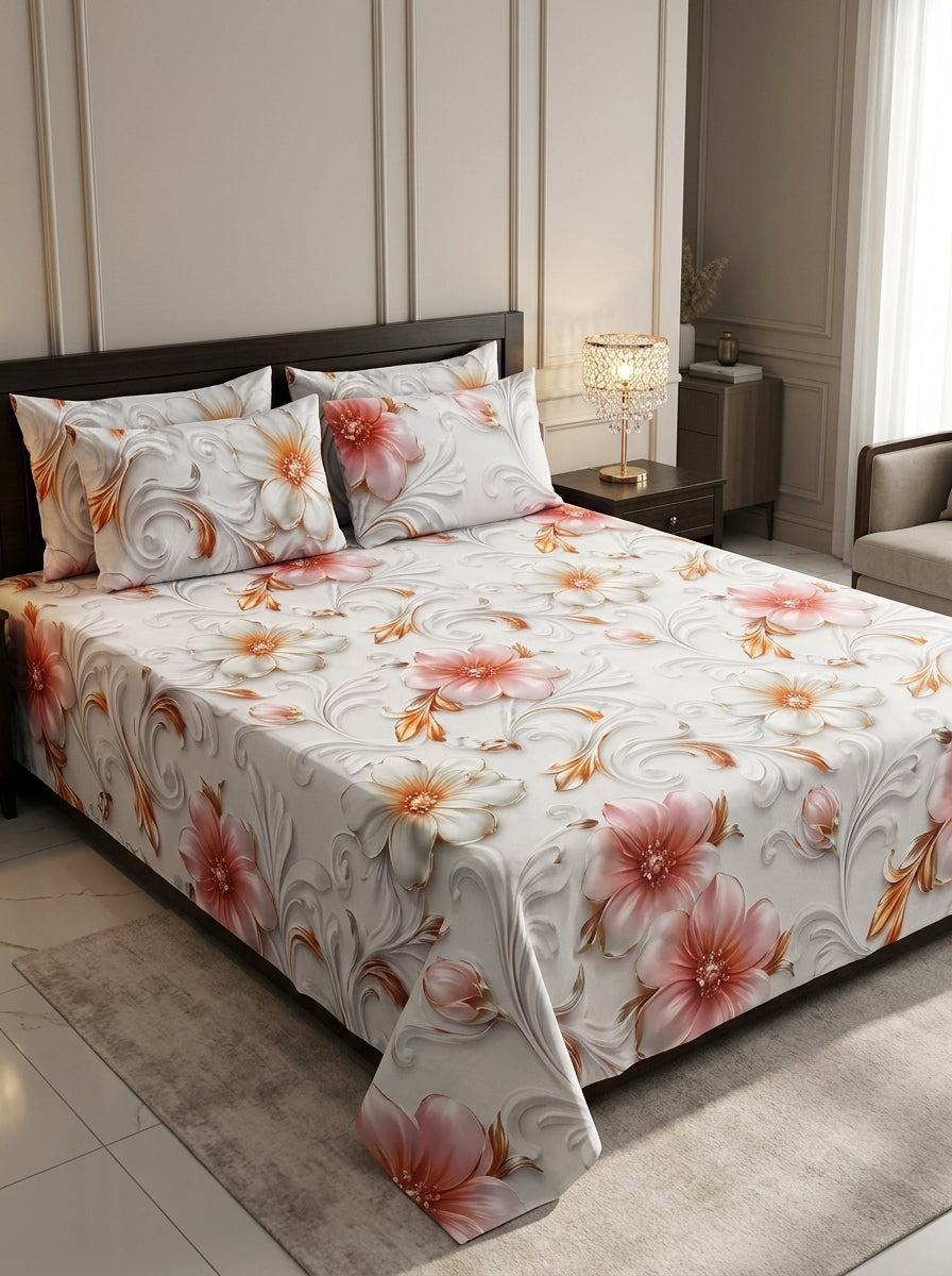 9D floral print micro cotton bedsheet set Design 29 with 2 pillow covers