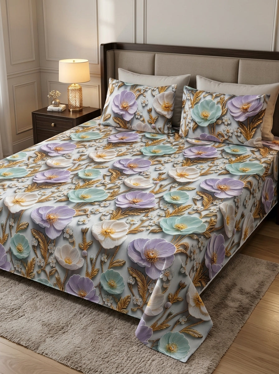 9D floral print micro cotton bedsheet set Design 02 with 2 pillow covers