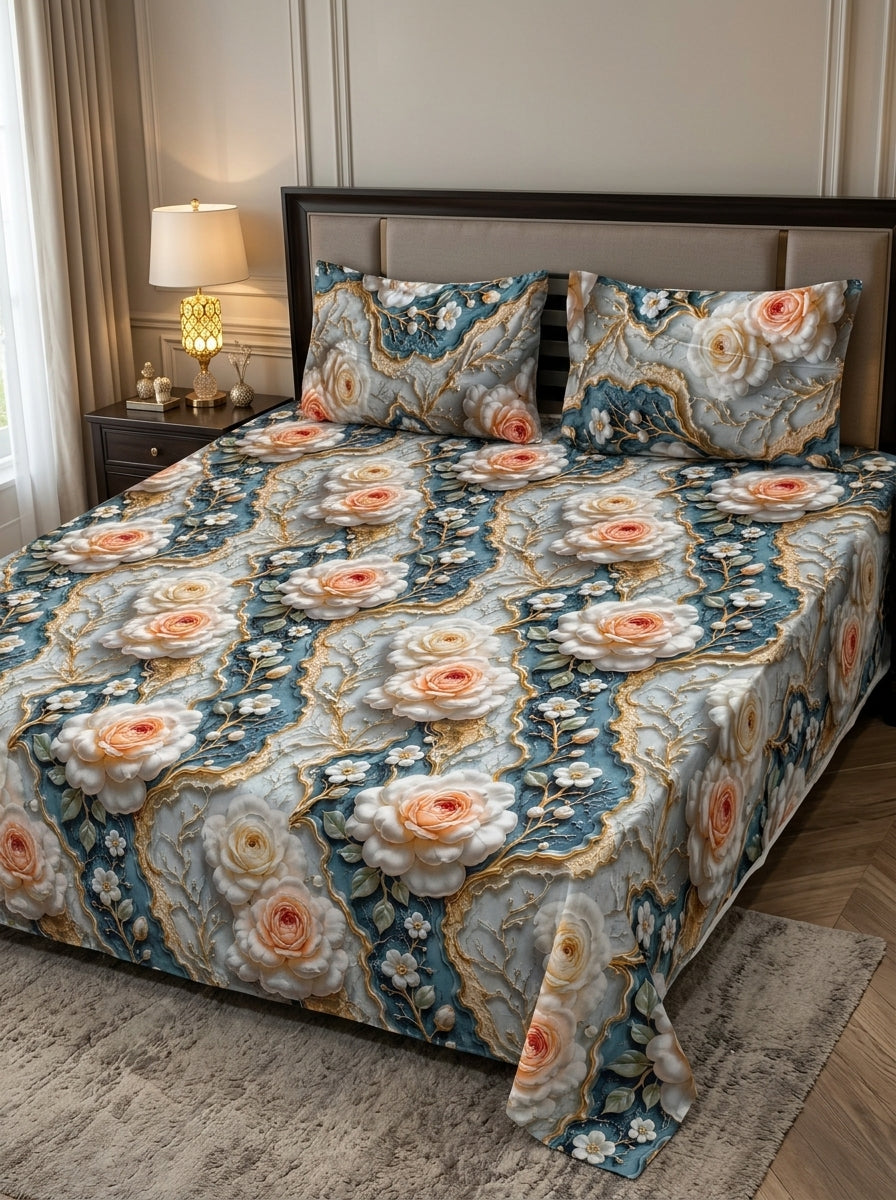 9D floral print micro cotton bedsheet set Design 08 with 2 pillow covers