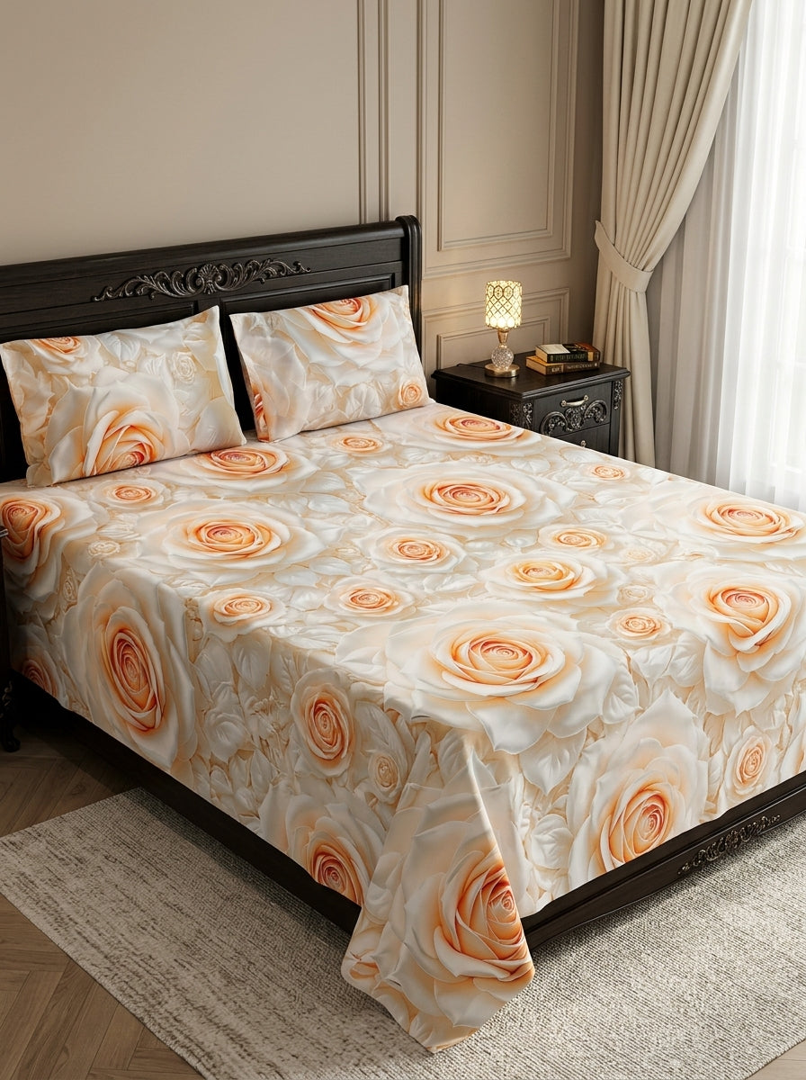 9D floral print micro cotton bedsheet set Design 17 with 2 pillow covers