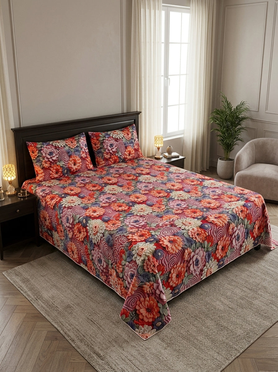 9D floral print micro cotton bedsheet set Design 23 with 2 pillow covers
