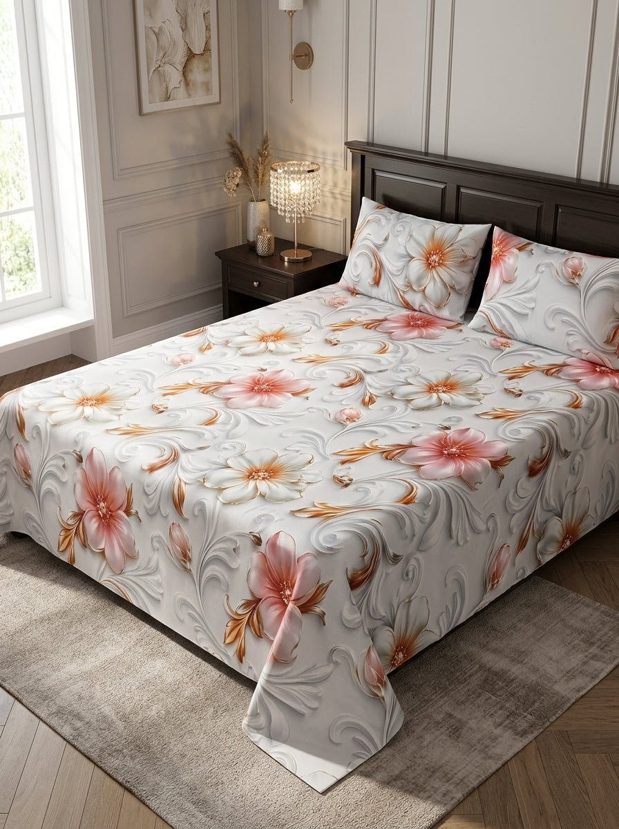 9D floral print micro cotton bedsheet set Design 18 with 2 pillow covers