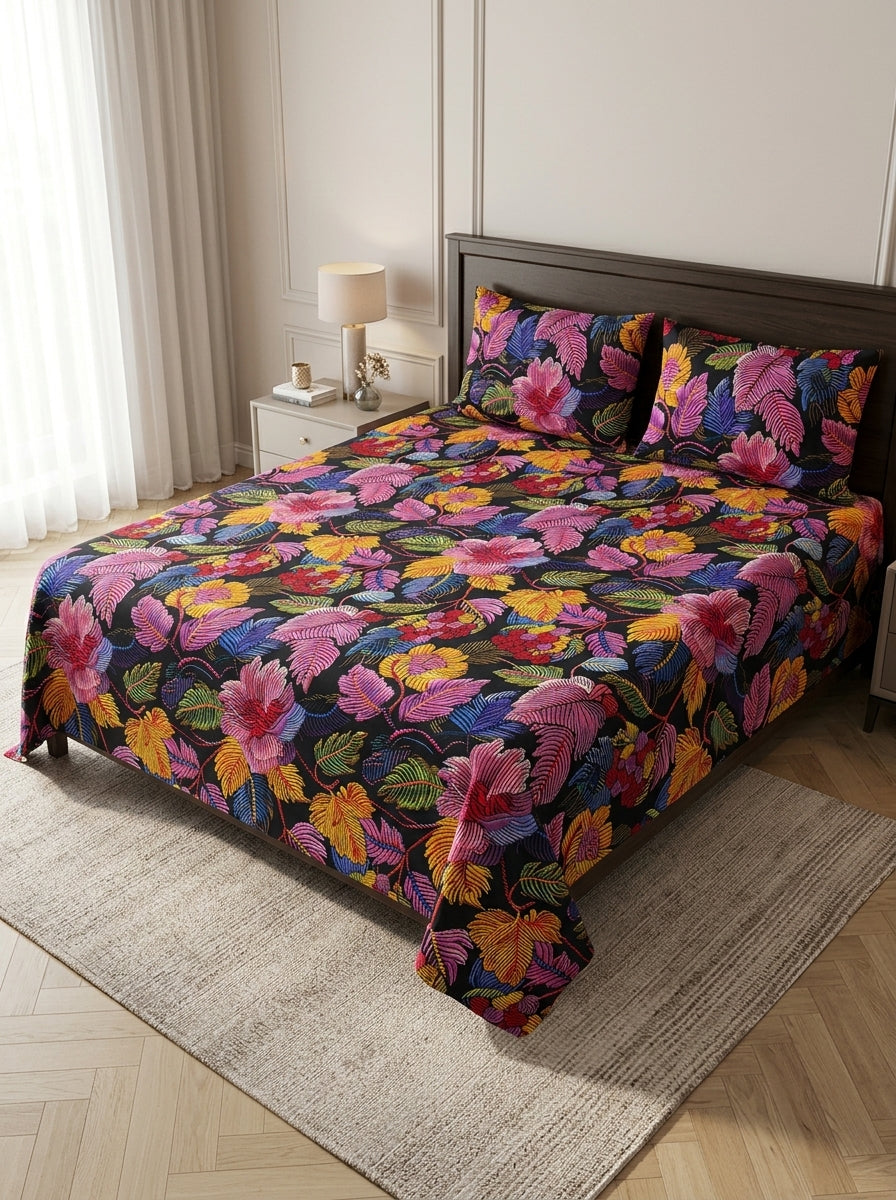 9D floral print micro cotton bedsheet set Design 26 with 2 pillow covers