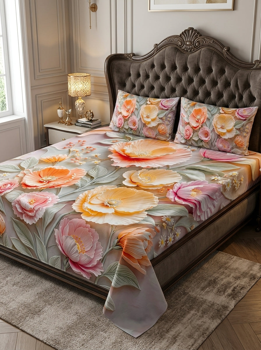 9D floral print micro cotton bedsheet set Design 28 with 2 pillow covers