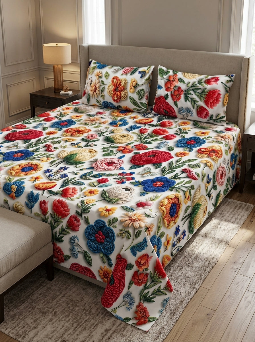9D floral print micro cotton bedsheet set Design 06 with 2 pillow covers