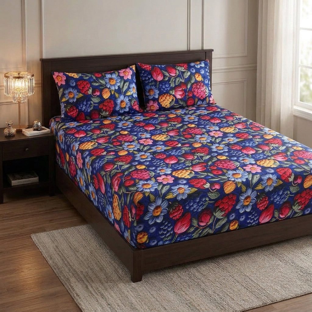 9D floral print micro cotton bedsheet set Design 35 with 2 pillow covers
