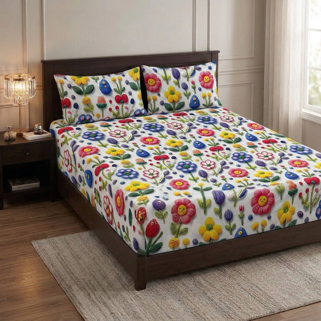 9D floral print micro cotton bedsheet set Design 38 with 2 pillow covers