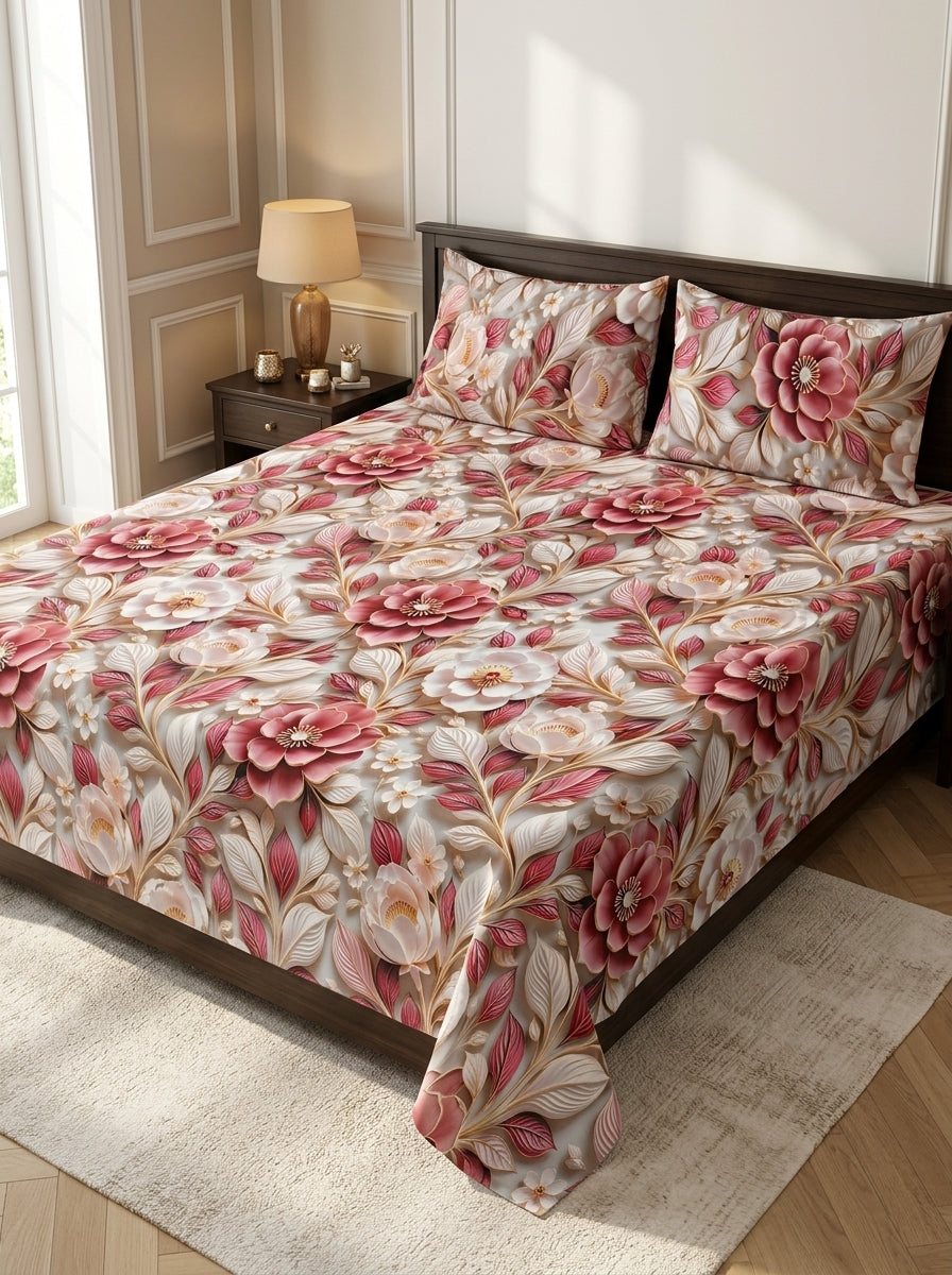 9D floral print micro cotton bedsheet set Design 13 with 2 pillow covers