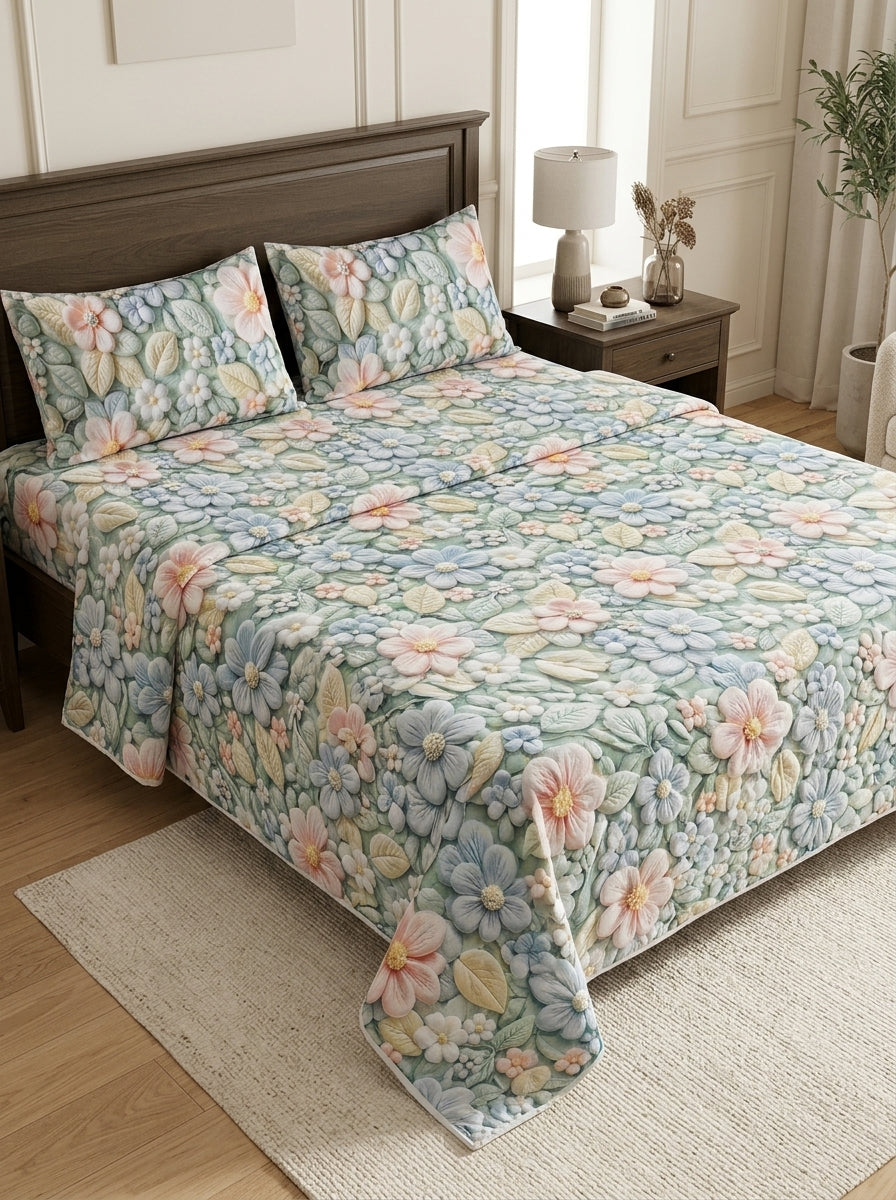 9D floral print micro cotton bedsheet set Design 16 with 2 pillow covers