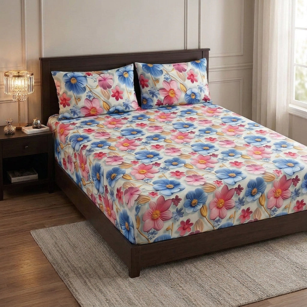 9D floral print micro cotton bedsheet set Design 41 with 2 pillow covers