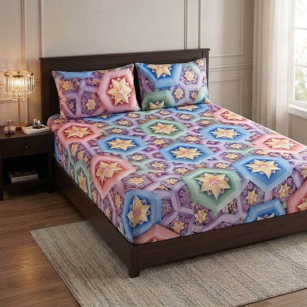 9D floral print micro cotton bedsheet set Design 44 with 2 pillow covers