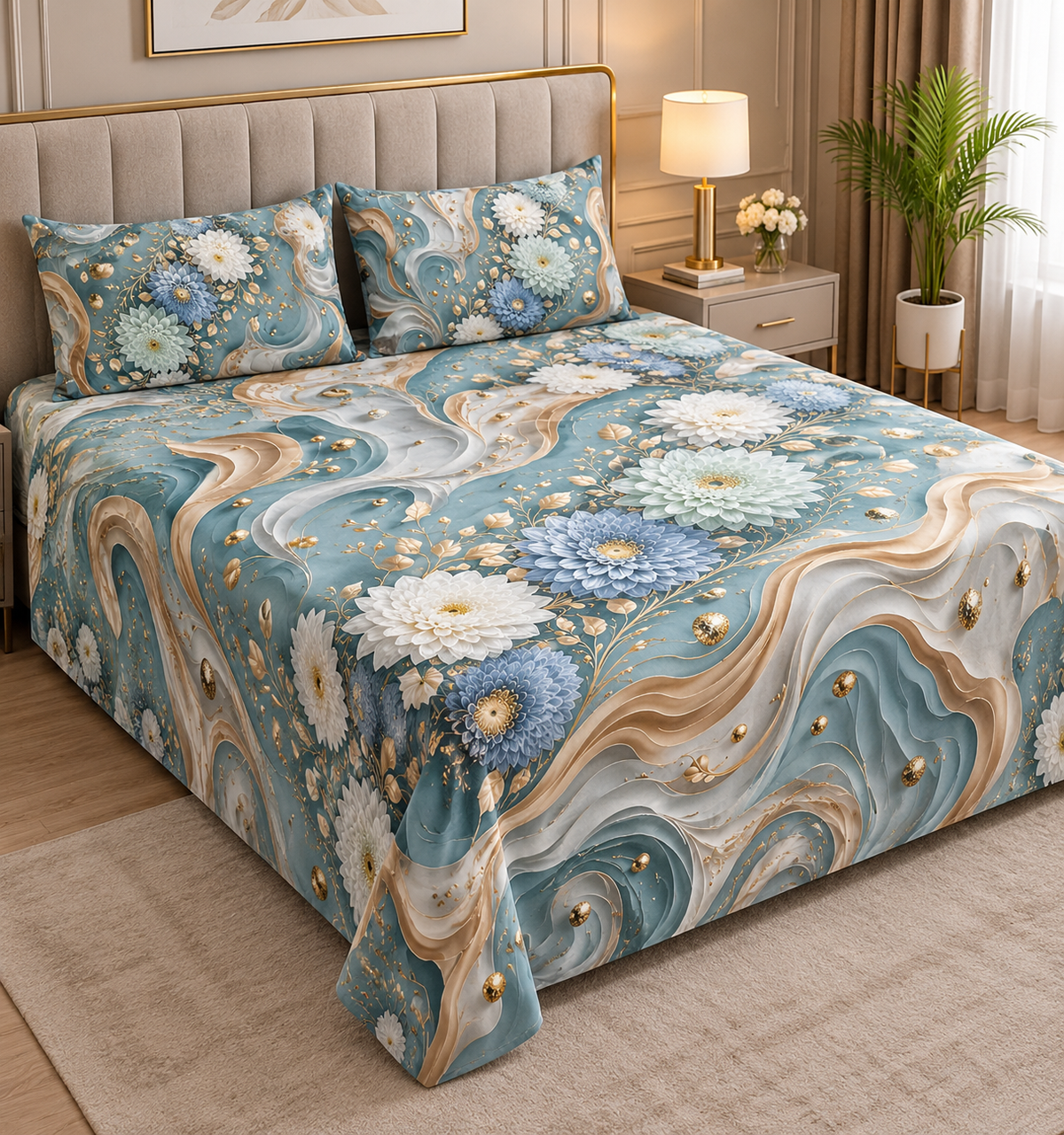 9D floral print micro cotton bedsheet set Design 15 with 2 pillow covers