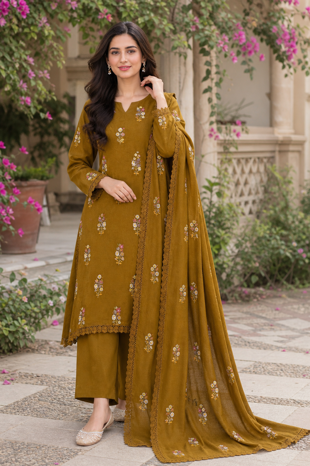 Mustard Indian Booti Dhanak embroidered 3-piece unstitched suit worn by model