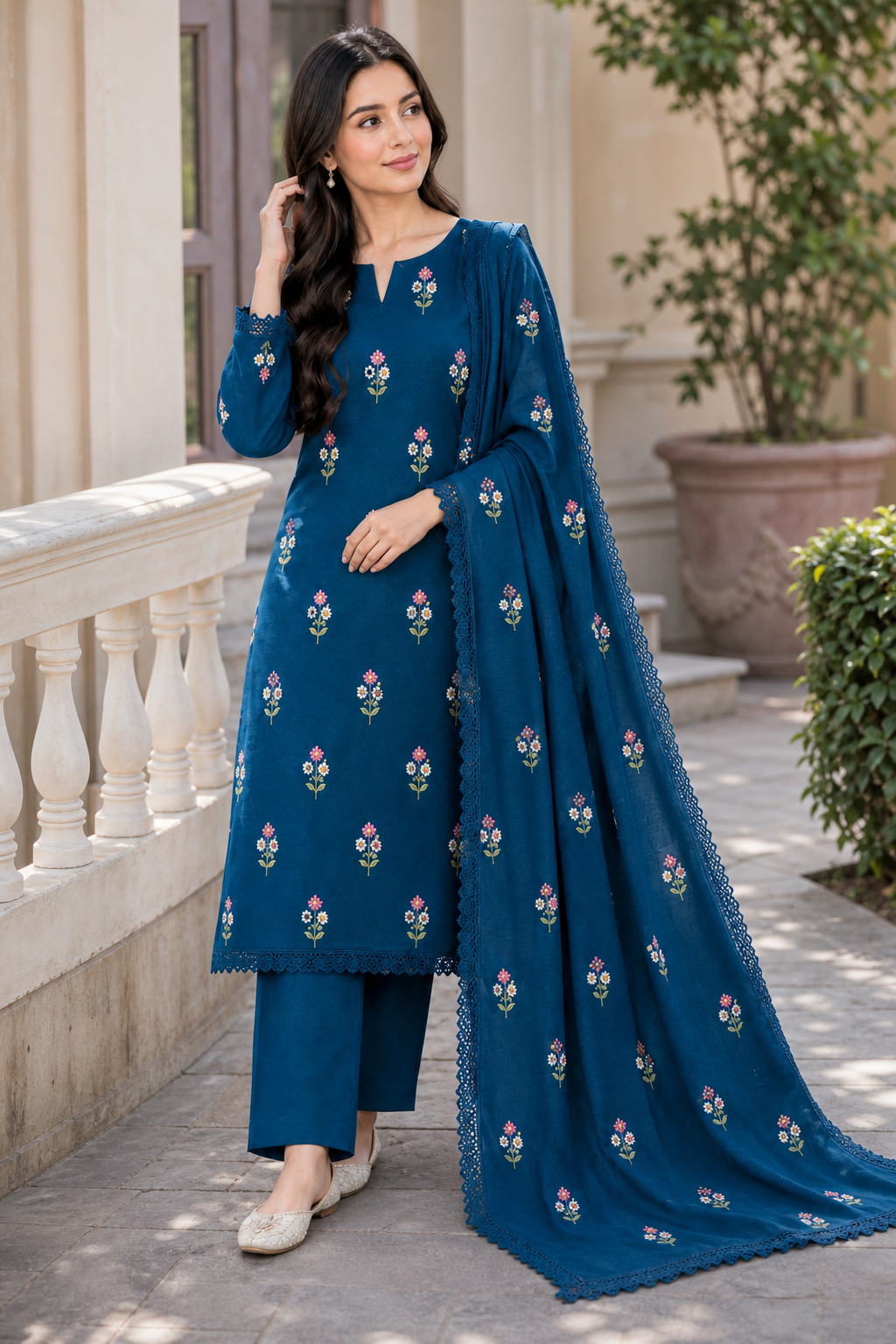 Zync Indian Booti Dhanak embroidered 3-piece unstitched suit worn by model