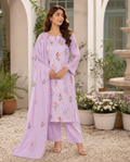 Light Purple Indian Booti Dhanak embroidered 3-piece unstitched suit worn by model