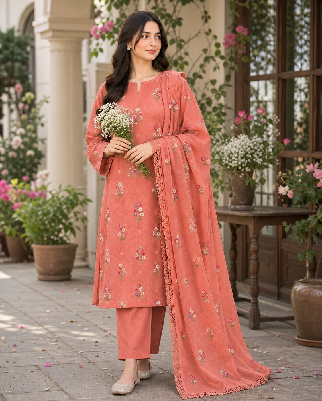 Peach Indian Booti Dhanak embroidered 3-piece unstitched suit worn by model
