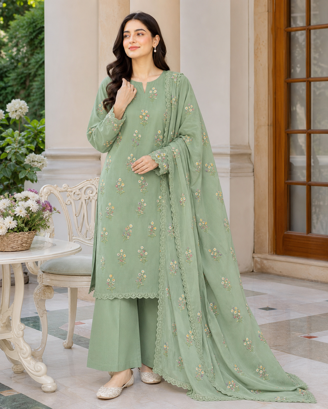 Pista Green Indian Booti Dhanak embroidered 3-piece unstitched suit worn by model