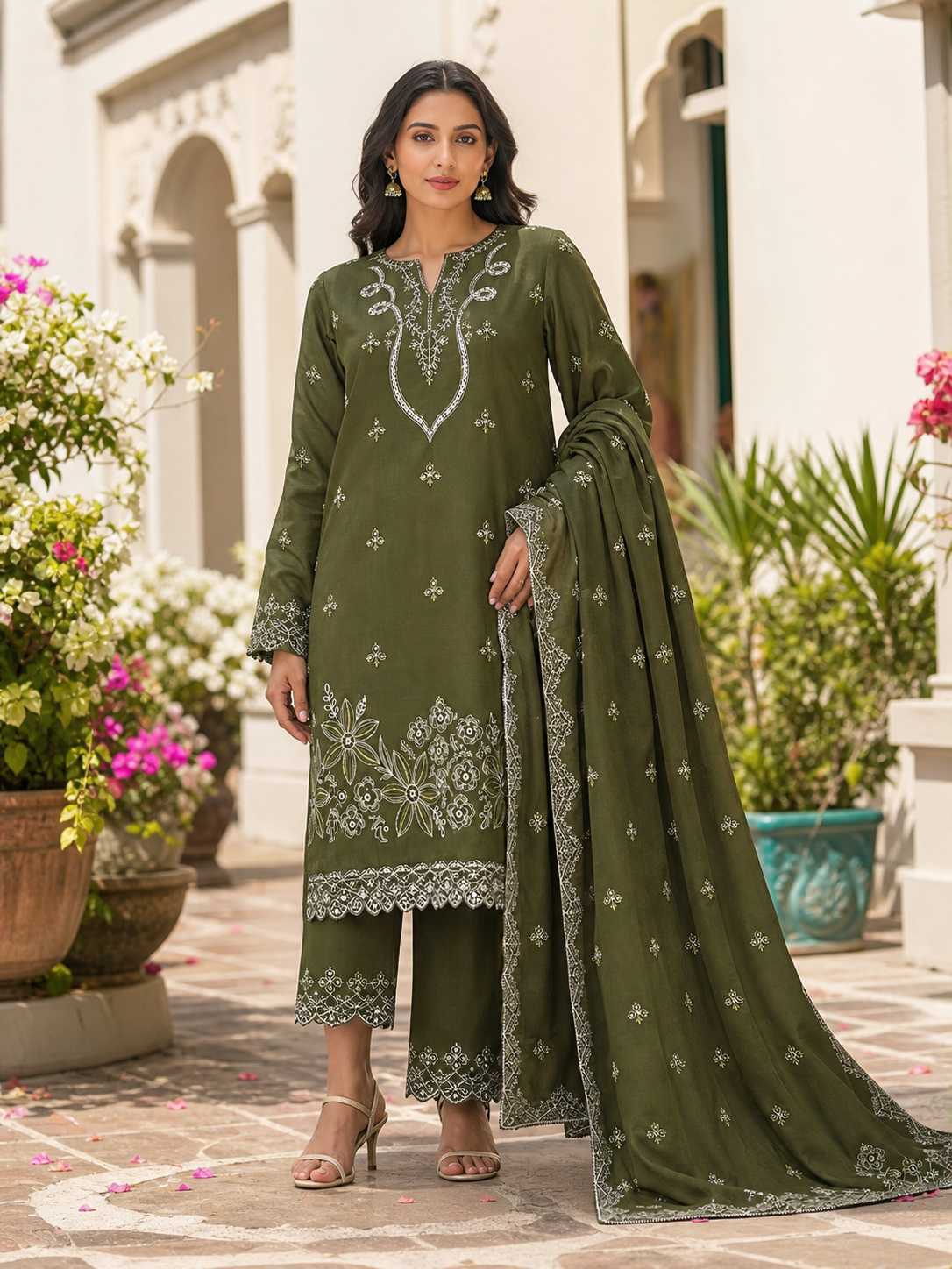 Dhanak embroidered 3-piece unstitched suit Design 37 worn by model