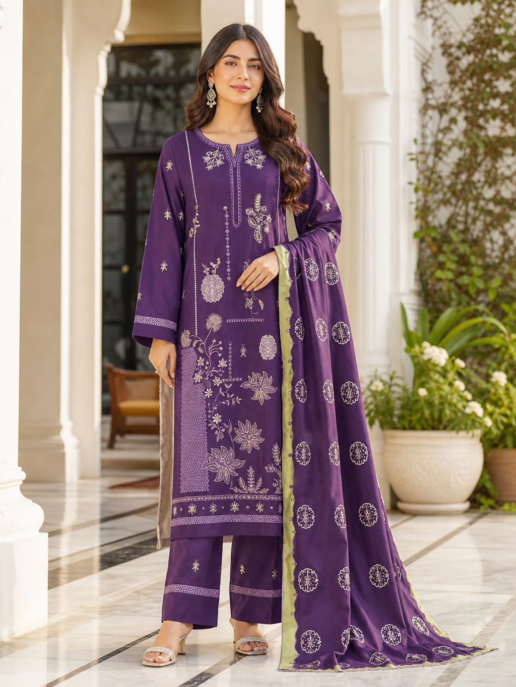 Dhanak embroidered 3-piece unstitched suit Design 12 worn by model