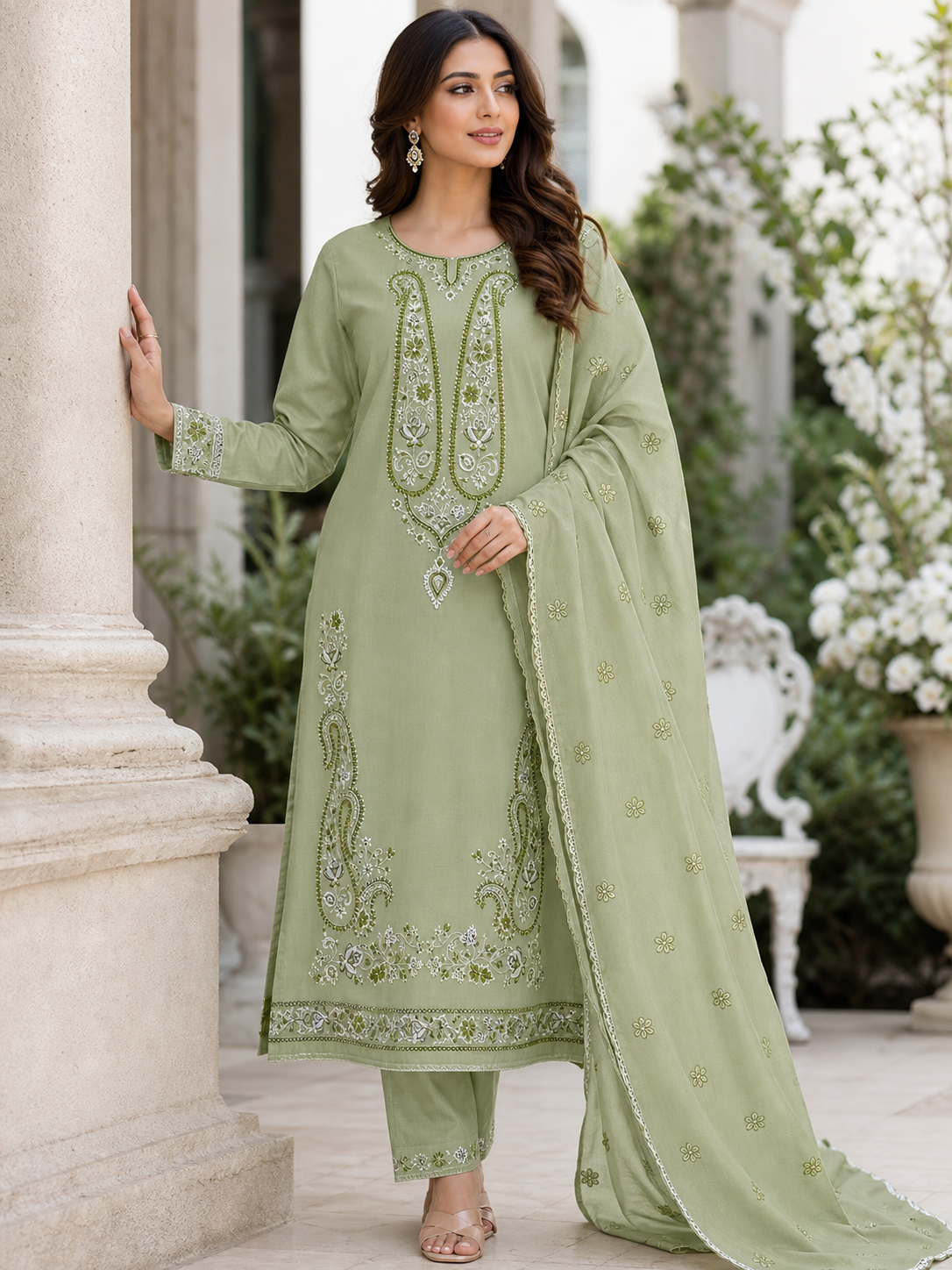 Dhanak embroidered 3-piece unstitched suit Design 38 worn by model