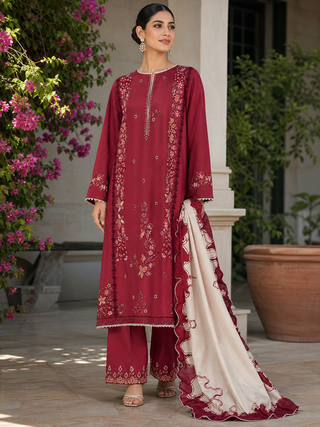 Dhanak embroidered 3-piece unstitched suit Design 13 worn by model