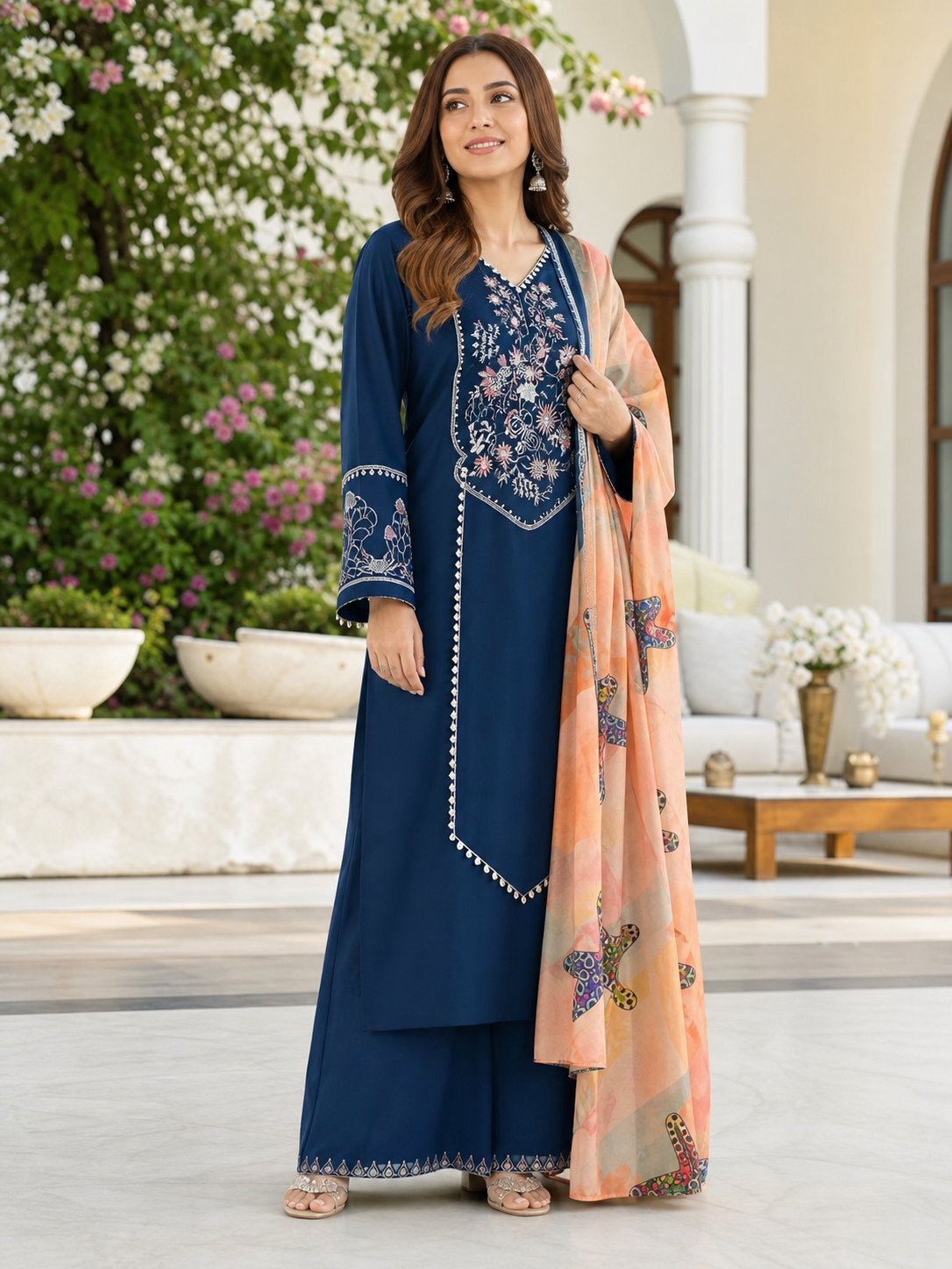 Dhanak embroidered 3-piece unstitched suit Design 14 worn by model