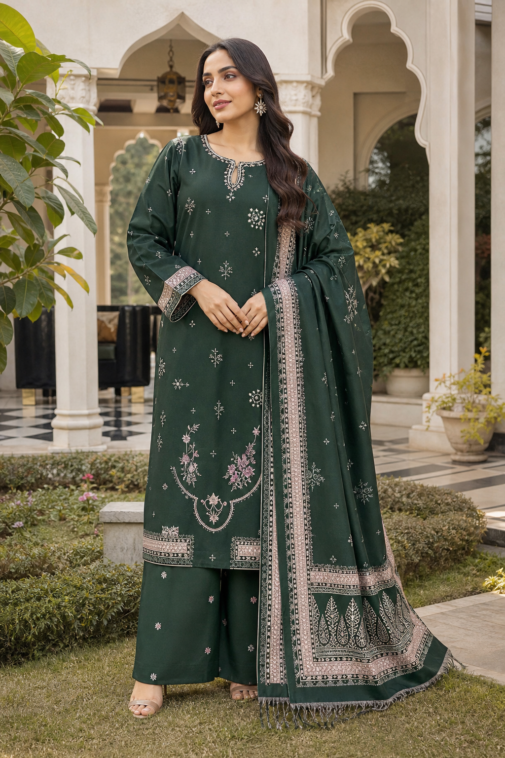 Dhanak embroidered 3-piece unstitched suit Design 40 worn by model
