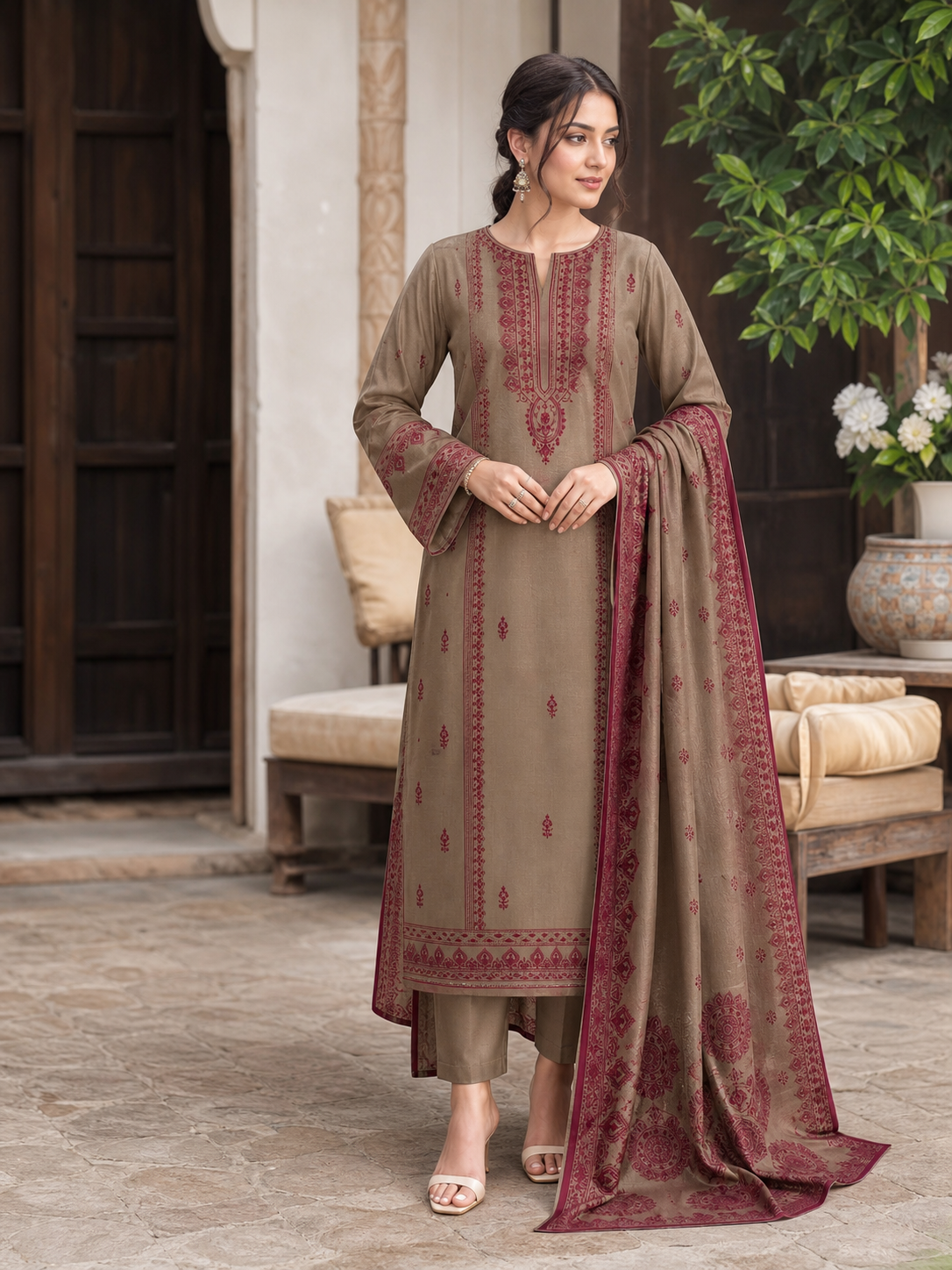 Dhanak embroidered 3-piece unstitched suit Design 41 worn by model