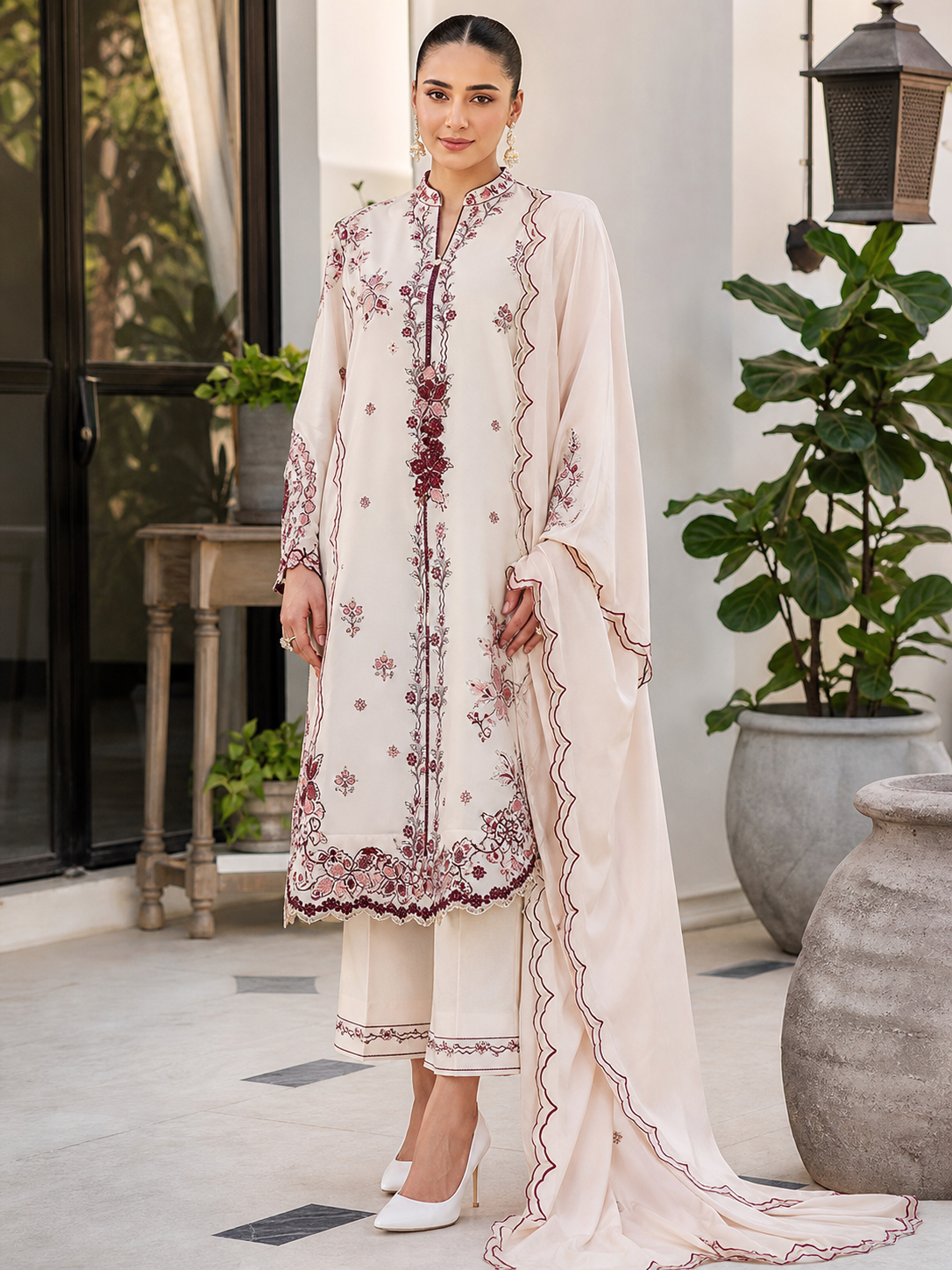 Dhanak embroidered 3-piece unstitched suit Design 16 worn by model