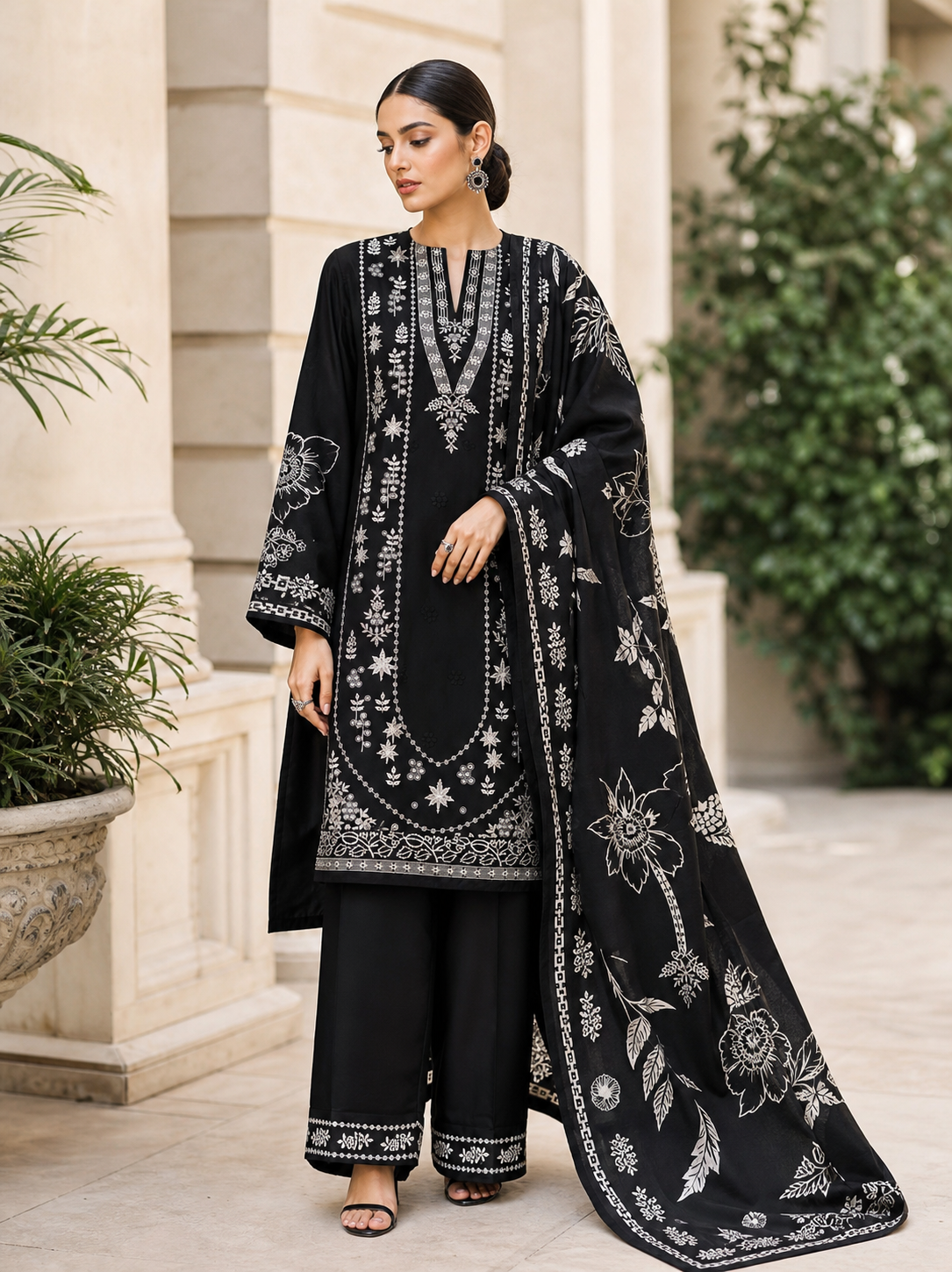 Dhanak embroidered 3-piece unstitched suit Design 42 worn by model
