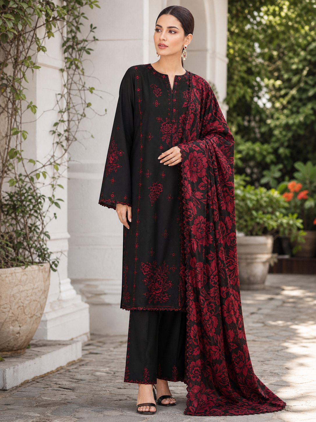 Dhanak embroidered 3-piece unstitched suit Design 17 worn by model