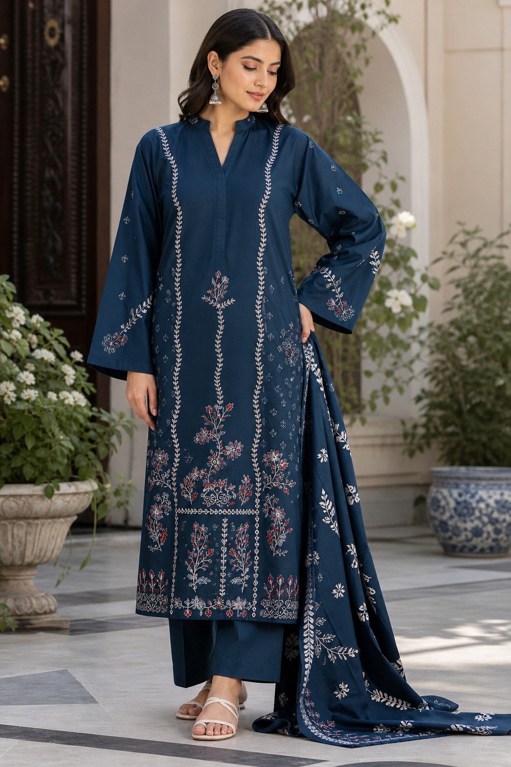 Dhanak embroidered 3-piece unstitched suit Design 43 worn by model