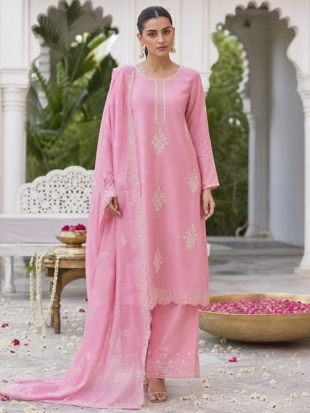 Dhanak embroidered 3-piece unstitched suit Design 18 worn by model