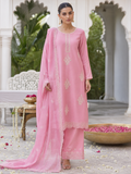 Dhanak embroidered 3-piece unstitched suit Design 18 worn by model