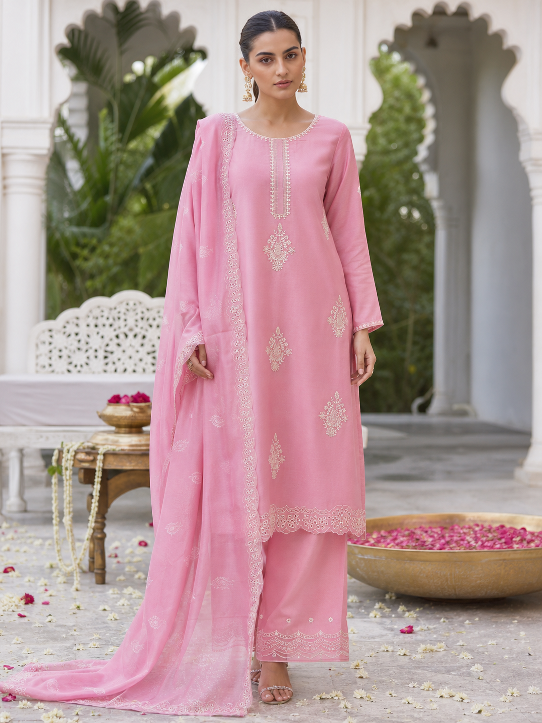 Dhanak embroidered 3-piece unstitched suit Design 18 worn by model
