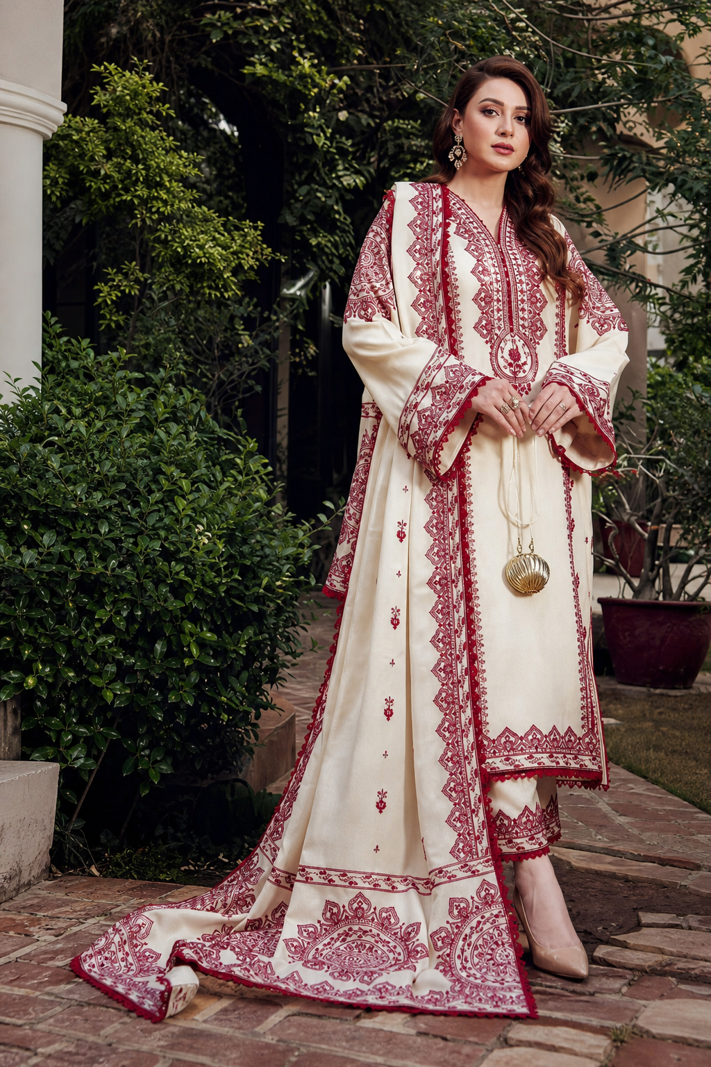 Dhanak embroidered 3-piece unstitched suit Design 44 worn by model