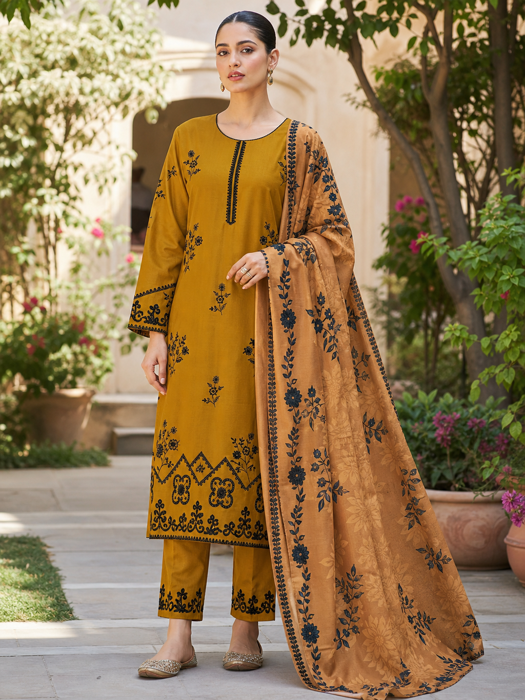 Dhanak embroidered 3-piece unstitched suit Design 19 worn by model