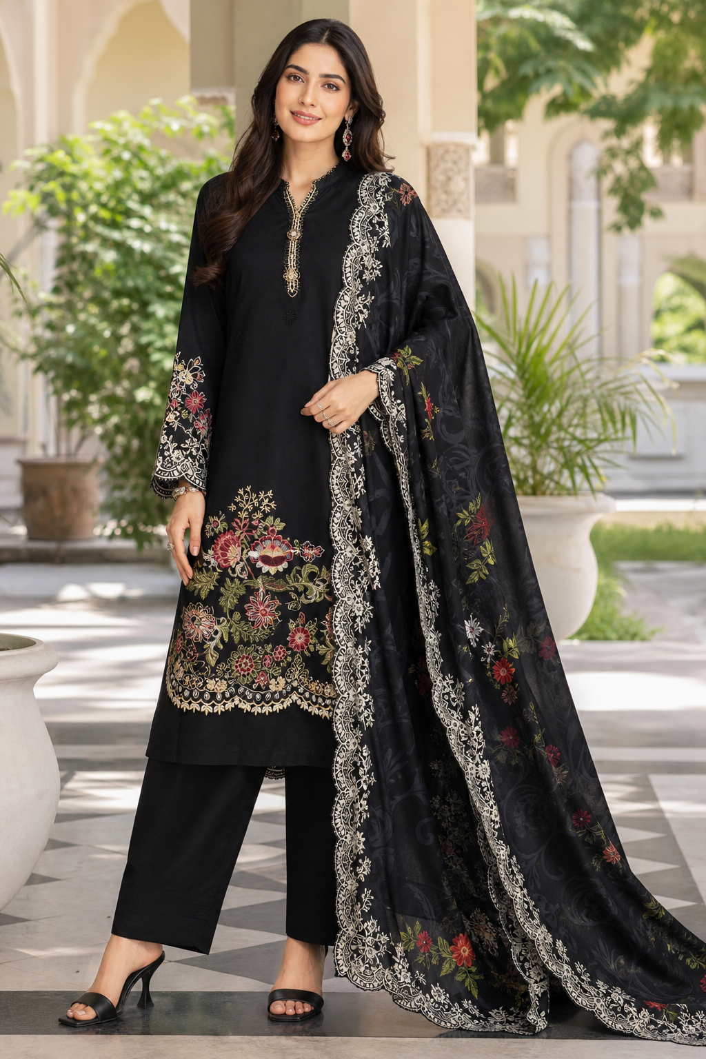 Dhanak embroidered 3-piece unstitched suit Design 45 worn by model