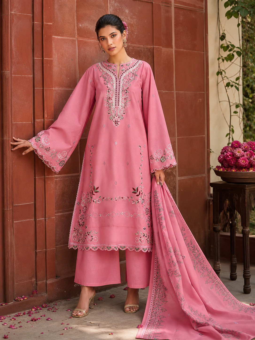 Dhanak embroidered 3-piece unstitched suit Design 20 worn by model