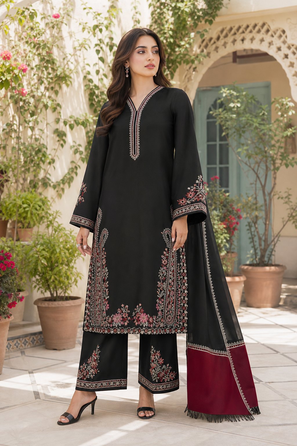 Dhanak embroidered 3-piece unstitched suit Design 46 worn by model